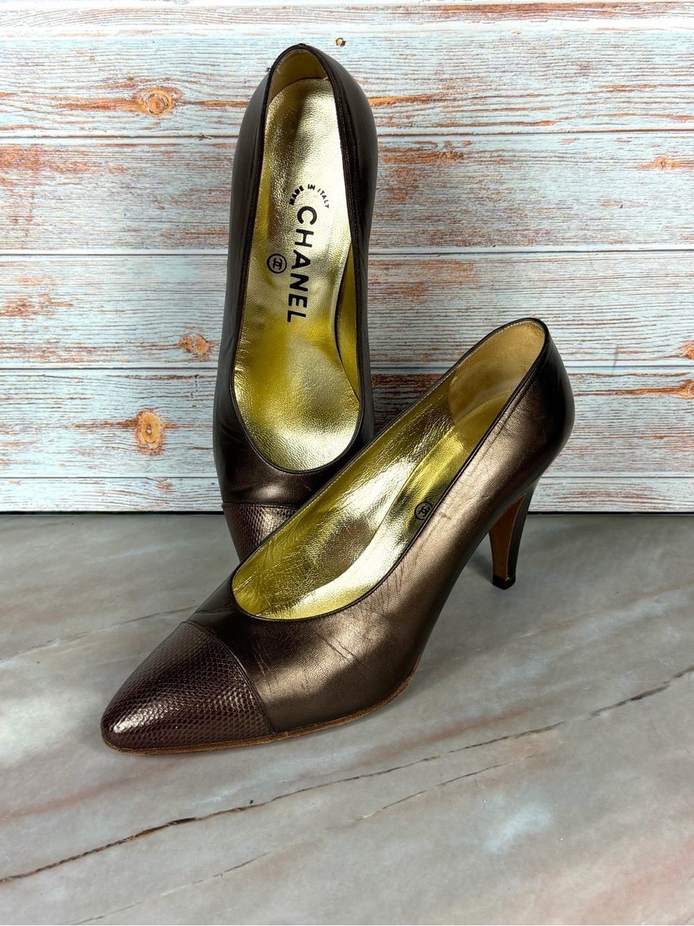 *Vintage* CHANEL Bronze Metallic Leather Pointed-Toe Pumps